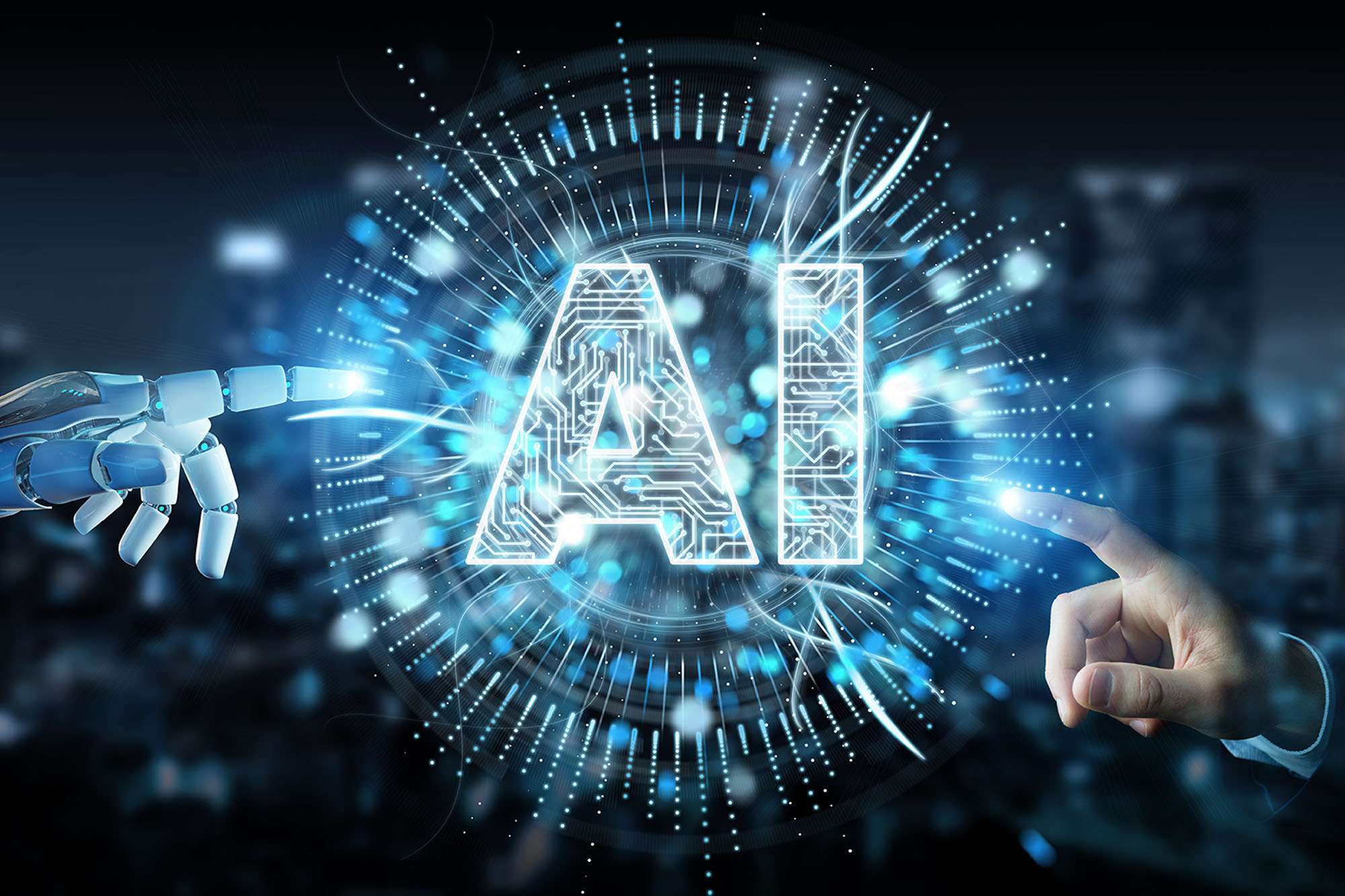 A white robotic hand and a human hand using a digital artificial intelligence icon.