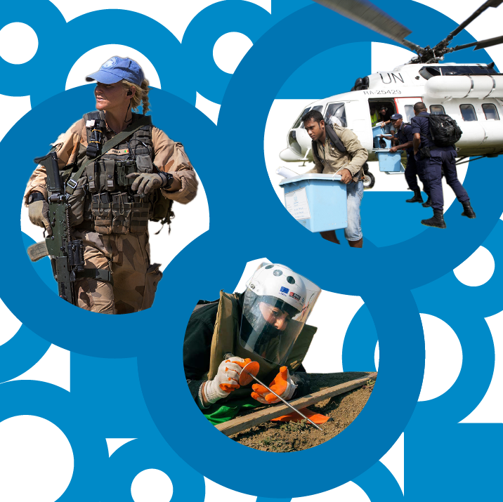 La labor de la ONU en materia de paz y seguridad Personal de la ONU trabajando sobre el terreno: uno desactivando minas, otro transportando suministros desde un helicóptero y otro patrullando las calles.
